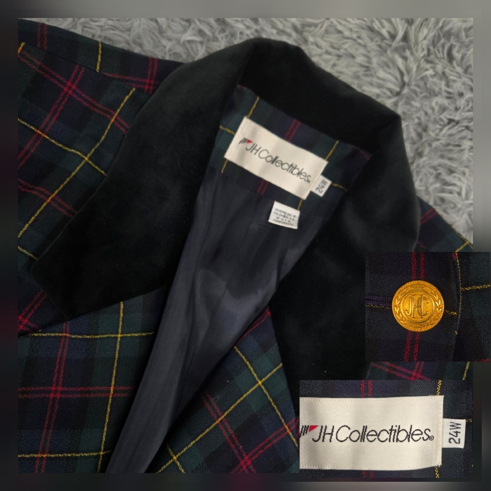 JH Collectibles Womens 24W Multicolor Plaid Metal One Button Wool No Vent Blazer